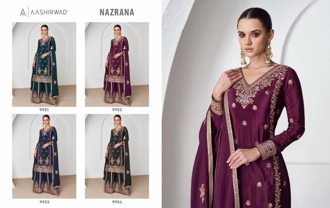 Nazrana By Aashirwad Chinon Silk Palazzo Readymade Suits Wholesale Shop In Surat